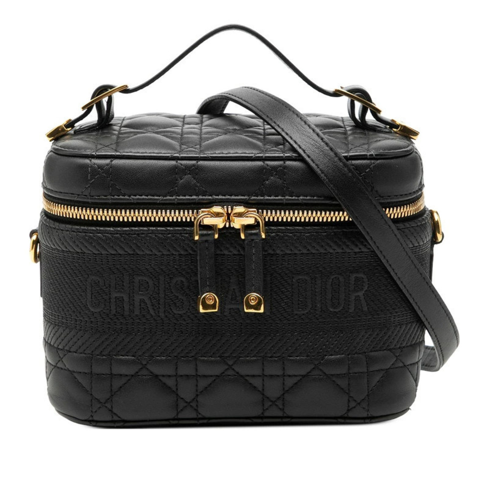 Christian Dior Cannage Vanity Bag Shoulder Black Leather